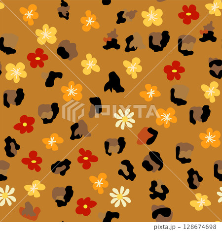 Leopard print with flowers and palm leaves. Leopard print with flowers and palm leaves. 128674698