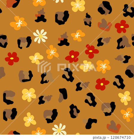 Leopard print with flowers and palm leaves. Leopard print with flowers and palm leaves. 128674710