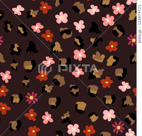Leopard print with flowers and palm leaves. Leopard print with flowers and palm leaves. 128674721