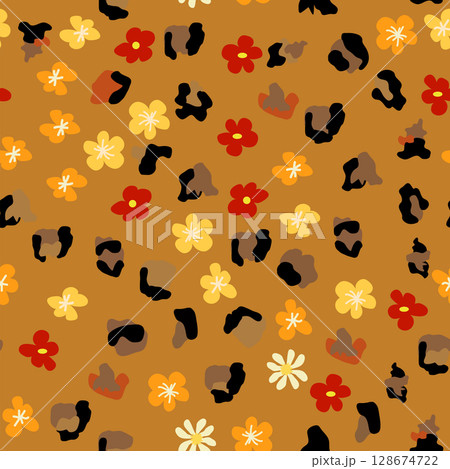 Leopard print with flowers and palm leaves. Leopard print with flowers and palm leaves. 128674722