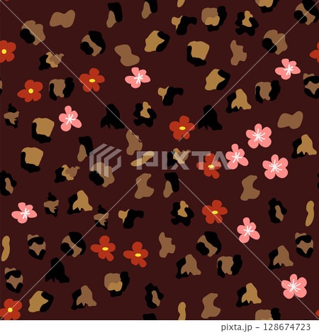 Leopard print with flowers and palm leaves. Leopard print with flowers and palm leaves. 128674723