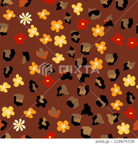 Leopard print with flowers and palm leaves. Leopard print with flowers and palm leaves. 128674726