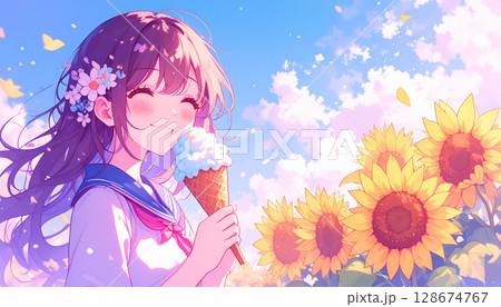 夏の青空の下で元気に咲くひまわりと、涼しげなかき氷が映える一枚。透明感と煌めきを感じる爽やかな構成で 128674767