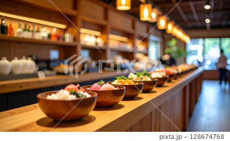 伝統的な和風の器に丁寧に盛られた寿司が木製のカウンターに並び、自然光の中でネタの新鮮さと美しさが際立 128674768