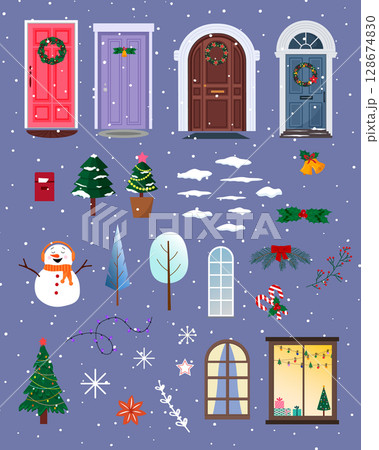 Set of Christmas doors and holiday attributes. Entrance doors with wreaths, a cheerful snowman. Windows decorated for the holiday with garlands, decorative trees. Elements for the festive design of 128674830