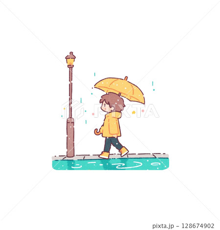 デフォルメタッチ、傘をさして歩く少年のイラスト、背景なし、素材、梅雨 128674902