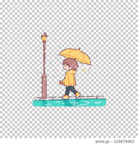 デフォルメタッチ、傘をさして歩く少年のイラスト、背景なし、素材、梅雨 128674902
