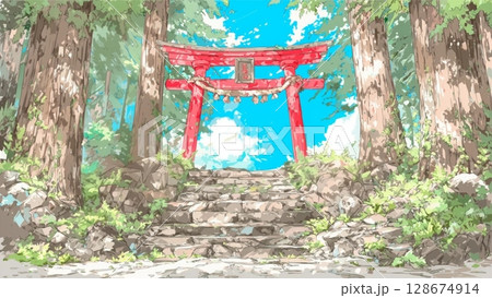 神社の背景イラスト、鳥居、Youtube、サムネイル、素材、ブログ 128674914