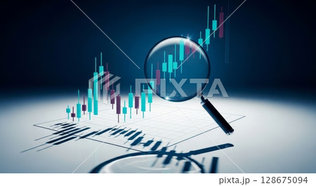 Financial Analysis Magnifying Glass Over Stock Market Candlestick Chart Depicting Market Trends and Data Visualization 128675094