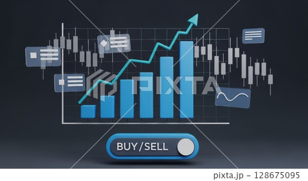 Financial Growth Analysis 3D Visualization with Rising Blue Bar Graph and Buy Sell Trading Interface 128675095