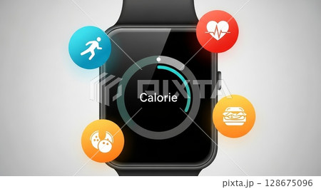 Fitness Tracking Smartwatch with Calorie Health Metrics Running Exercise Wellness Icons 128675096