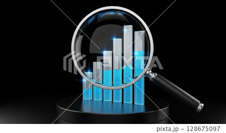 Futuristic Data Analysis Magnifying Glass with Blue 3D Bar Graph in Glass Sphere on Black Background 128675097