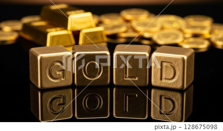 Golden Cubes Spelling Gold with Reflective Surface and Blurred Gold Bars and Coins Background 128675098
