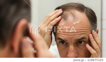 Middle Aged European Man Checking Thinning Hair Loss Receding Hairline in Mirror with Concerned Expression 128675103