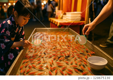 金魚すくいを楽しむ子ども – 夏祭りの縁日風景 128675130