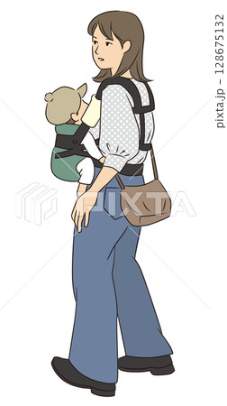 抱っこ紐の赤ちゃんと若いお母さん 128675132