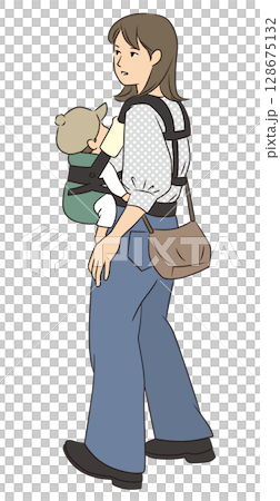 抱っこ紐の赤ちゃんと若いお母さん 128675132