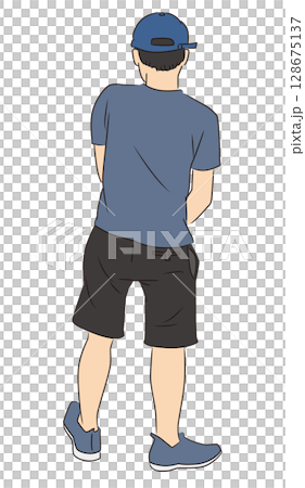 Back view of a young man in a T-shirt and shorts 128675137