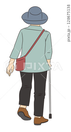 杖をついて歩く高齢女性の後ろ姿 128675138