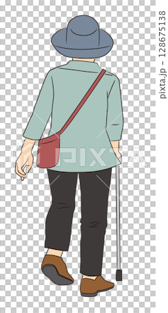 杖をついて歩く高齢女性の後ろ姿 128675138