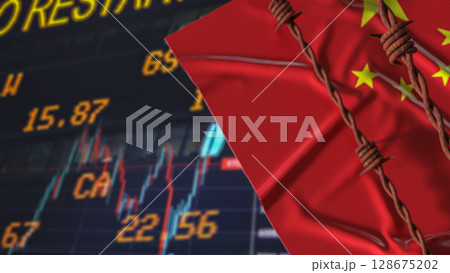 The China Flag and barbed wire for Business crisis concept 3d Rendering. The China Flag and barbed wire for Business crisis concept 3d Rendering. 128675202