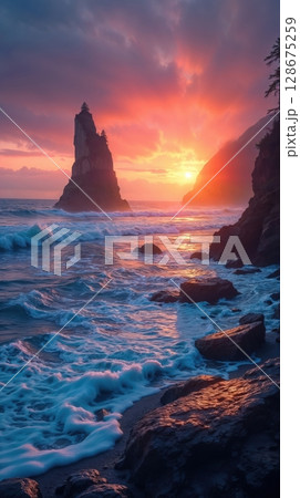 A dramatic sunset over a rocky coastline with a prominent sea stack 128675259