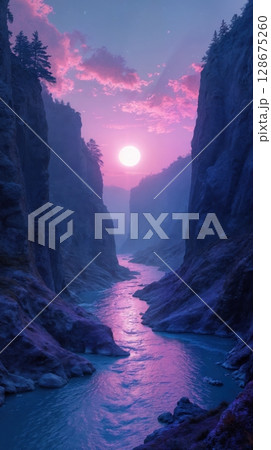 A fantasy river canyon with a glowing full moon at twilight 128675260
