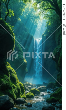 Sunbeams shining on a waterfall in a deep, mossy forest gorge 128675261