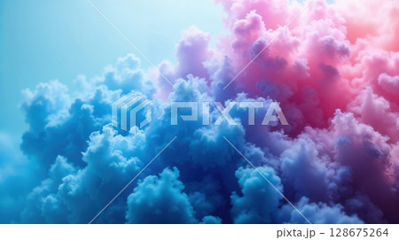An abstract collision of dense pink and blue clouds against a light blue sky 128675264