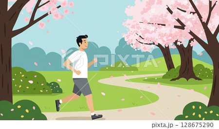 桜舞う春の公園！健康的にランニングを楽しむ男性 128675290