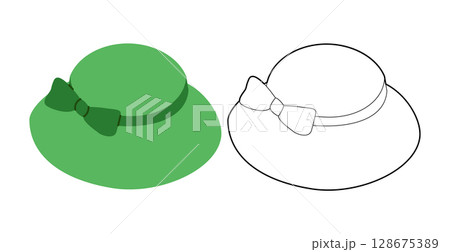 Mushroom Hat with bow. Summer Head Fashion accessory cap with wide narrow brim clothing technical illustration. 128675389