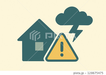 落雷・停電・気象災害のリスクを表現したフラットイラスト(家庭の防災・注意喚起・雷対策) 落雷・停電・気象災害のリスクを表現したフラットイラスト(家庭の防災・注意喚起・雷対策) 128675475