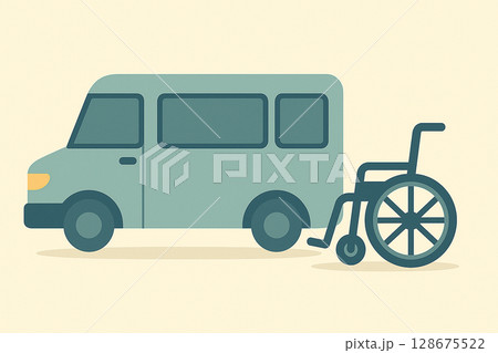 高齢者・要介護者の送迎をイメージしたフラットイラスト（デイサービス・車椅子対応バス） 128675522