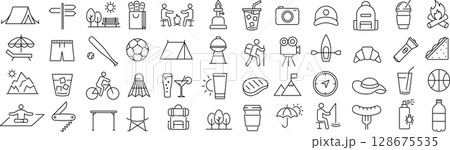 ベクターでモノクロのピクニックに関する線画アイコンセット 128675535