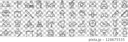 ベクターでモノクロのピクニックに関する線画アイコンセット 128675535