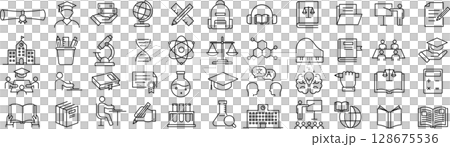 Set of monochrome line icons about higher education in vector 128675536