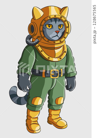 Cat in vintage diving suit isolated on white background 128675565