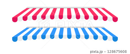 Set of shop awning. Striped store canopy design. Market tent with red, blue and white stripes isolated on white background. Terrace marquee. Cafe facade sunshade. Kiosk umbrella. Vector illustration 128675608