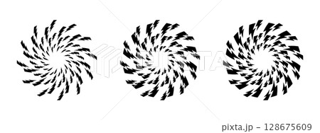 Bolt swirled silhouettes. Black thunderbolt signs in circular tornado arrangement isolated on white background. Flash, energy, danger or shock cartoon symbols. Vector graphic illustration 128675609