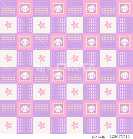 seamless minimal skull stamp and flower repeat pattern in pink and purple color plaid checkered background, flat jpg illustration graphic design seamless minimal skull stamp and flower repeat pattern in pink and purple color plaid checkered background, flat jpg illustration graphic design 128675716
