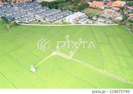 Land plot in aerial view and concept of real estate or property. 128675740
