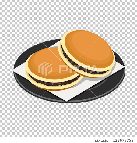 どら焼き2個の黒い丸皿と白い懐紙盛り（フラットアイソメトリックイラスト） 128675758