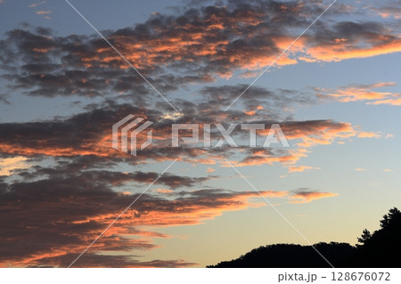 東の空がオレンジ色に染まる夏の早朝 128676072