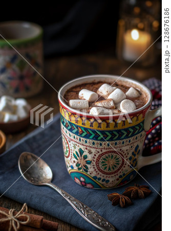 ボヘミアンスタイルのマグでマシュマロ入りコーヒーを飲む 128676186