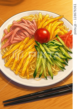 アニメ風 冷やし中華／夏の日本の定番料理イラスト 128676361