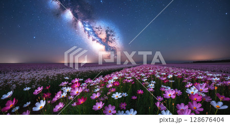 コスモス畑と天の川の風景 AI生成画像 コスモス畑と天の川の風景 AI生成画像 128676404