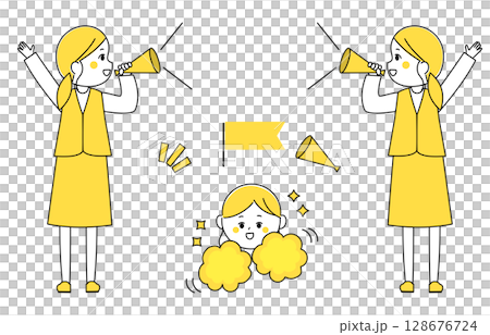 Illustration of a woman in uniform cheering with a megaphone 128676724