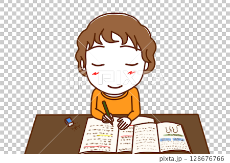 （上半身正面）一生懸命笑顔で楽しく勉強がはかどる白人少年 128676766