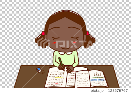 （上半身正面）一生懸命笑顔で楽しく勉強がはかどるアフリカ系少女 128676767