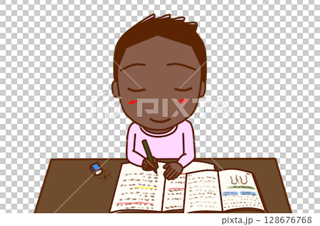 （上半身正面）一生懸命笑顔で楽しく勉強がはかどるアフリカ系少年 128676768